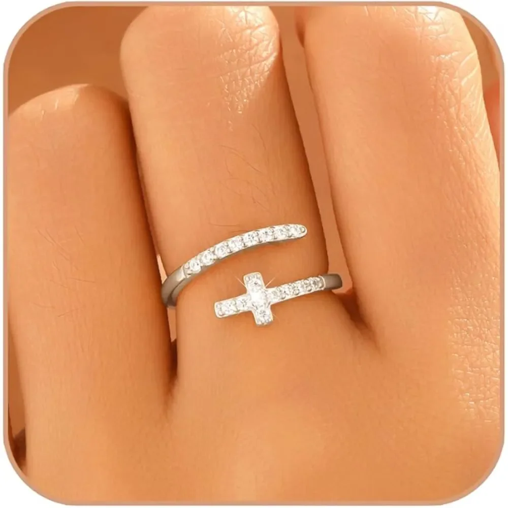 NEW Sterling Silver 925 CZ Cross Ring Adjustable Wrap Design Jewelry Size 6.5